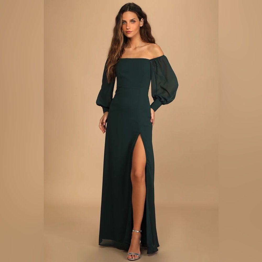 Lulus Feel the Romance Emerald Green Off-the-Shoulder Maxi Dress